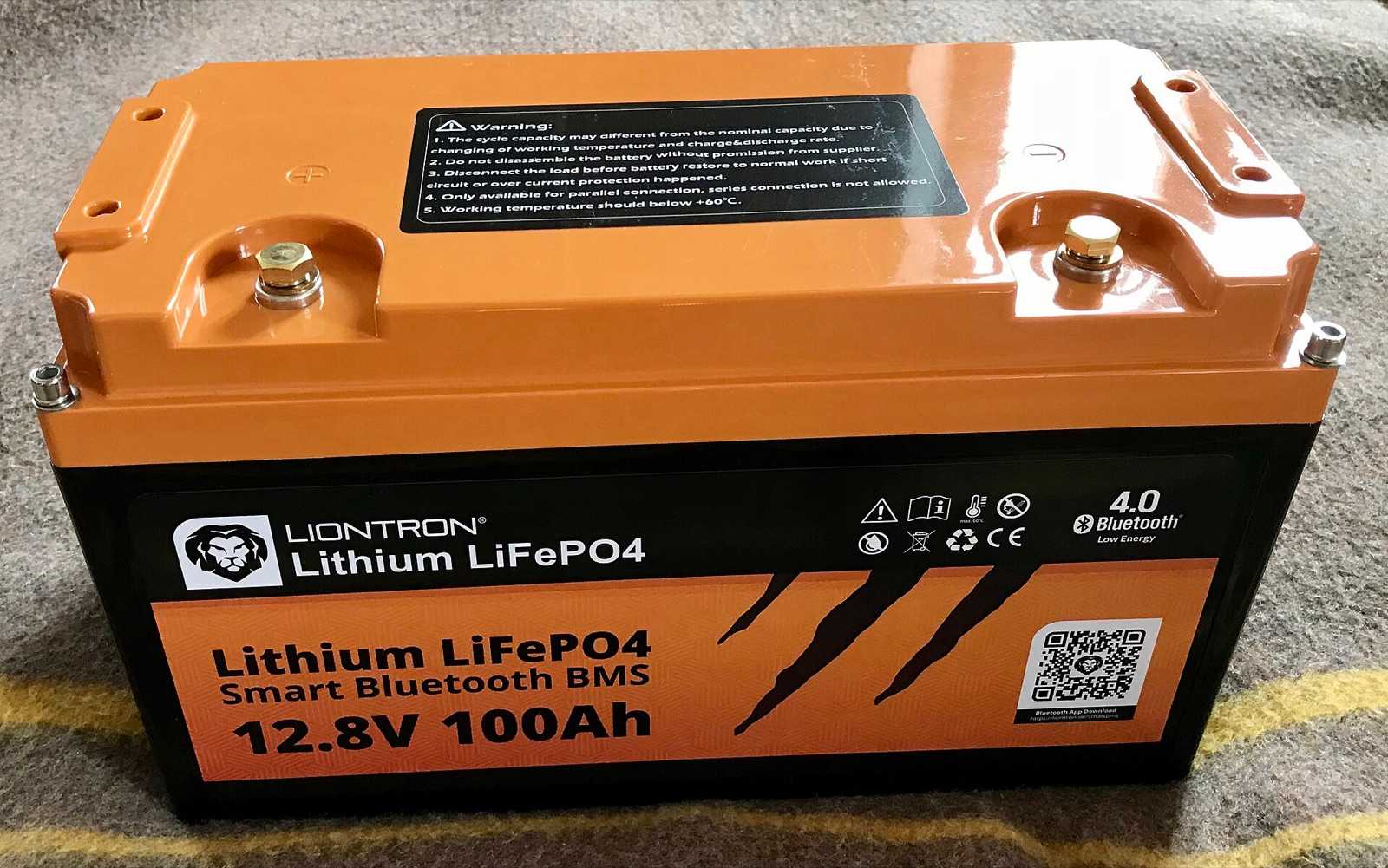 12.8 V 100 Ah lithium iron phosphate (LiFePO4) battery with a built-in Bluetooth BMS, terminals on top